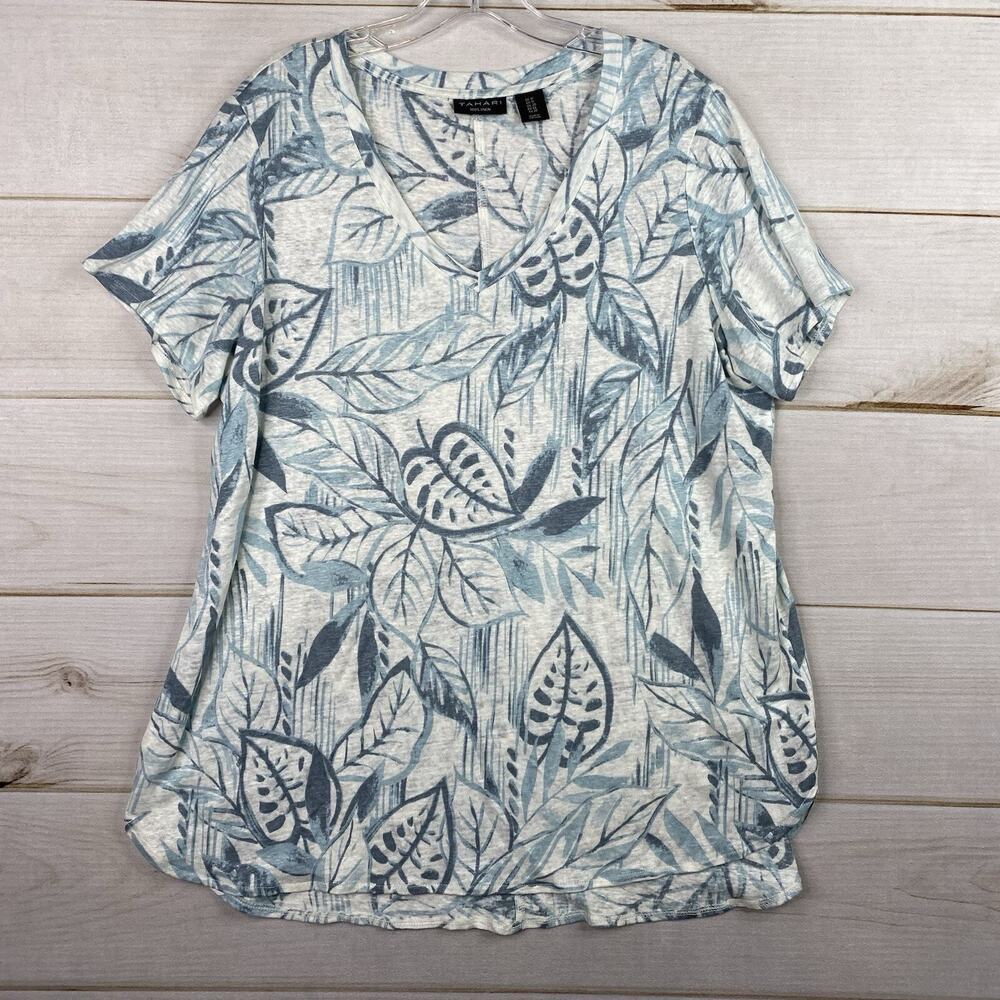 Tahari Linen Shirt Womens 1X Blue Floral V Neck Tunic Airy Coastal Granny Cruise